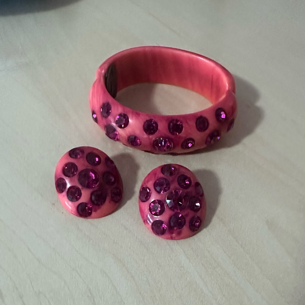 RARE Vintage Bakelite Marbled Pink and Purple Rhinestone Jewelry Set‎